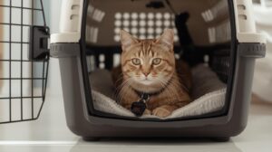 Cat in durable travel carrier — best cat carriers, beds, collars.