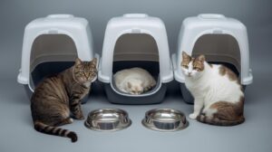 Multiple litter boxes and food bowls